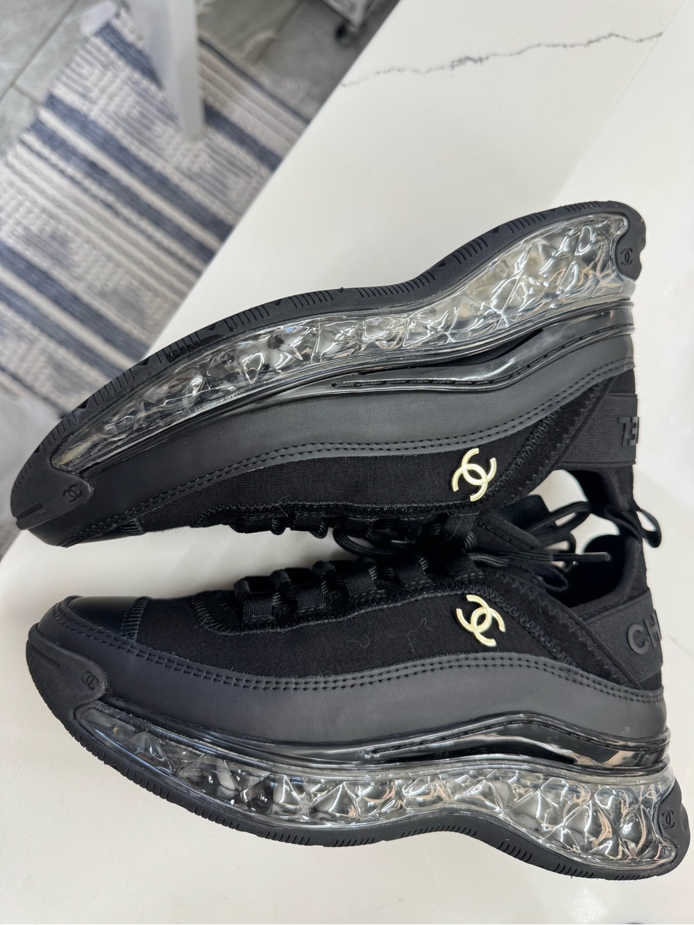 CHANEL Black Sneakers with Clear Bubble Sole and Gold CC